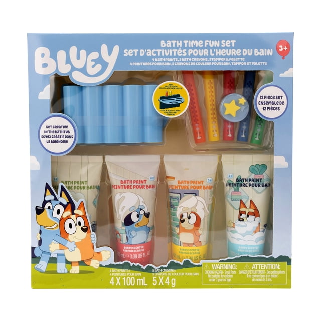 Bluey Ensemble d'Activités pour l'Heure du Bain pour Enfants avec 4 tubes de Peinture de Bain Parfumés aux Baies (100 ml Chacun), 5 Craies de Cire de Bain, un Estampoir Étoile et une palette de Mélange, Conçu pour Encourager la Créativité et le Jeu Sensoriel pendant l'Heure du Bain pour les Enfants de 3 Ans et Plus.