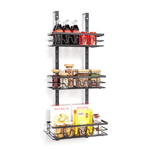 GOGRANT 3-Tier Over the Door Pantry Organizer, Metal Hanging Storage Rack with Wall Mount Option, Space-Saving Spice Rack for Kitchen Bathroom Closet, Black