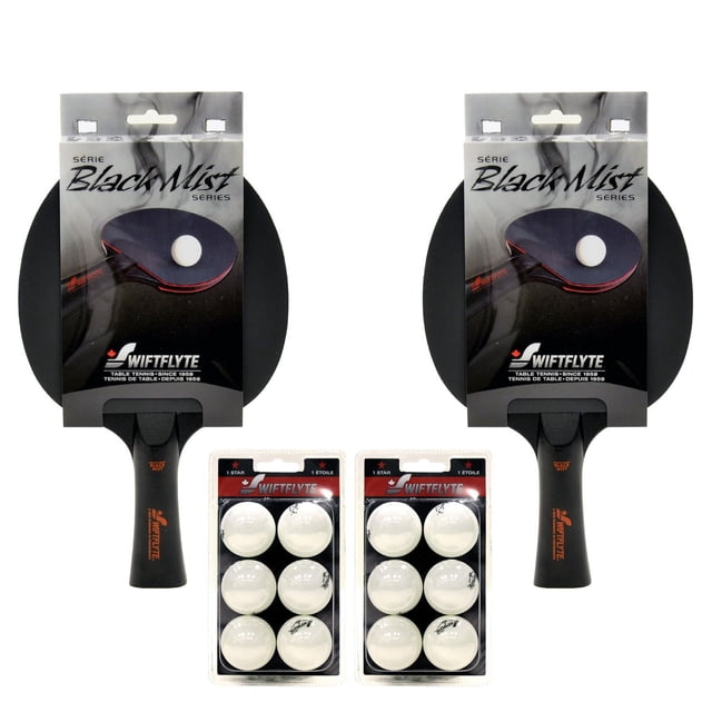 Swiftflyte Black Mist Table Tennis Set with two black and red 5-ply rackets featuring 1.5 mm Lion Black Mist rubber and inverted pips for enhanced control and spin, plus twelve 1-star 40 mm white balls in two packs, designed for intermediate players.