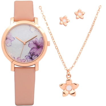 Ladie's Fashion Watch Set with Rose Gold Necklace and Heart Earrings