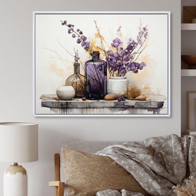 Designart Large Minimalism framed wall Art, violet Beige Minimalism Balance And Contrast , Minimalism framed wall art decor, Purple Modern White Framed Wall Art, White Color Frame