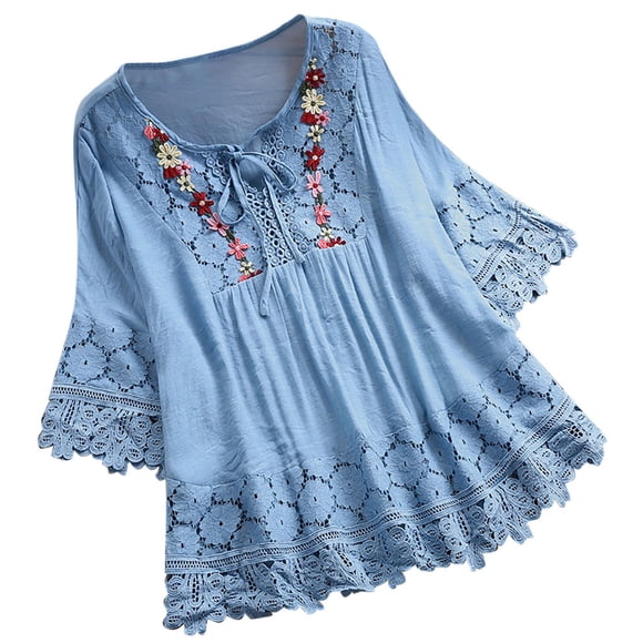 Erwazi Linen Shirts for Women 3/4 Sleeve Floral Lace Embroidered Boho Blouse Tunic Casual Summer Flowy Tops