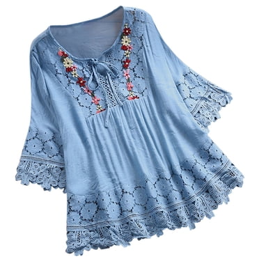 yoeyez Hauts Grande Taille pour Femmes Chemises Vintage en Patchwork de Dentelle Blouse à Nœud Col en V Broderie T-Shirt d'Été à Fleurs Manches 3/4 Bleu Ciel 4TG