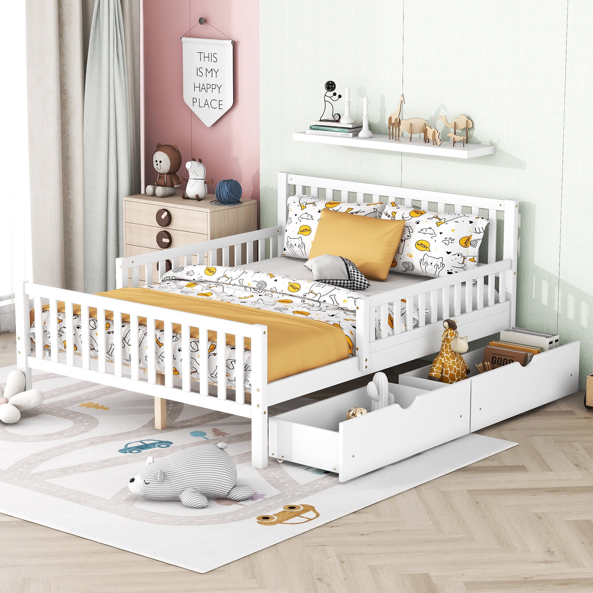 Noble house Full Size Wood Platform Bed with Guardrails on Both Sides,White