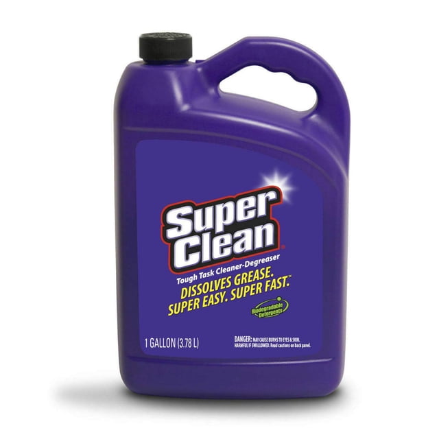 1 Gallon Tough Task Cleaner Degreaser by Super Clean, a full concentrate all-purpose cleaner in a purple container. Biodegradable and phosphate-free, suitable for dissolving grease and tough cleaning tasks.