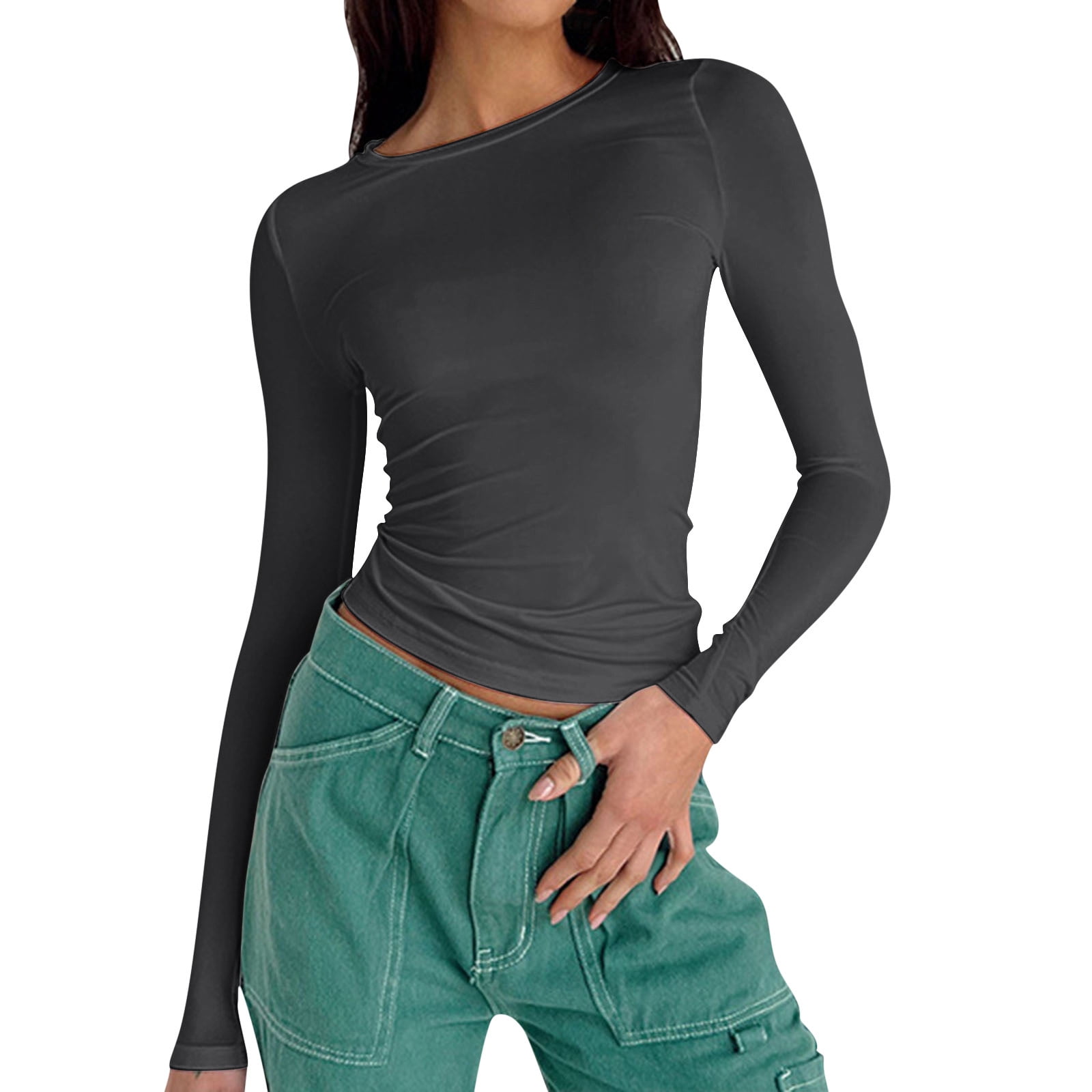 T-Shirts pour Femmes 2025, T-Shirts Femmes, T-Shirt à Col Rond pour Femmes Long Femmes Col Roulé Manches Longues Chemises Manche Basique Ajusté Court Hauts de Travail pour Femmes T-Shirts Tricot Côtelé Femmes Manches Longues Froid