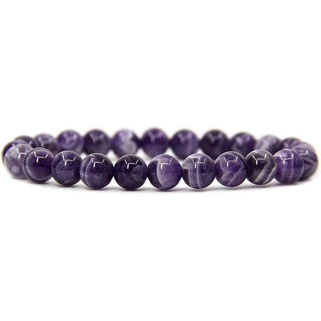 Natural African Amethyst Crystal Gemstone 8mm Round Beads Stretch Bracelet, 7 inches, unisex design for men and women. Features polished purple amethyst beads with unique patterns and no metal, suitable for sensitive skin. Handmade and comes with a pouch.