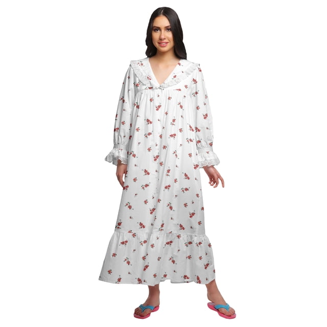 Moomaya Chemise de Nuit Maxi Boutonnée à Manches Longues Imprimée en Coton pour Femmes