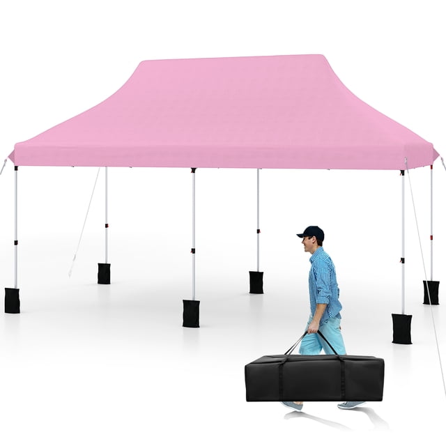 Costway Abri Instantané Pliant 10 x 20 Pi en Rose, avec Cadre en Métal Enduit de Poudre Robuste et Tissu oxford durable avec Revêtement Argenté pour protection Solaire UPF 50+. la Tente a Trois Niveaux de Hauteur Ajustables (9,7-10,4 Pi) et Comprend 12 Piquets de Sol en Métal, 6 Cordes Coupe-Vent et un Sac de transport portable pour une Installation et un transport Faciles. Convient aux Activités de Plein Air comme les Mariages, les Marchés et les Rassemblements dans la Cour, Pouvant Accueillir 15-20 Personnes.