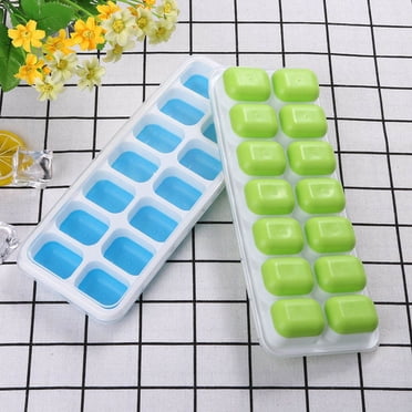 EGNMCR Ice Cube Tray 2Pc Covered Ice Tray Set With 14 Ice Cubes Molds Flexible Rubber Plastic Ice Cube Trays