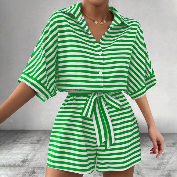 Wesltd Women Rompers Summer Loose Lapel Short Jumpsuit Casual Beach Outfits Vacation Clothes