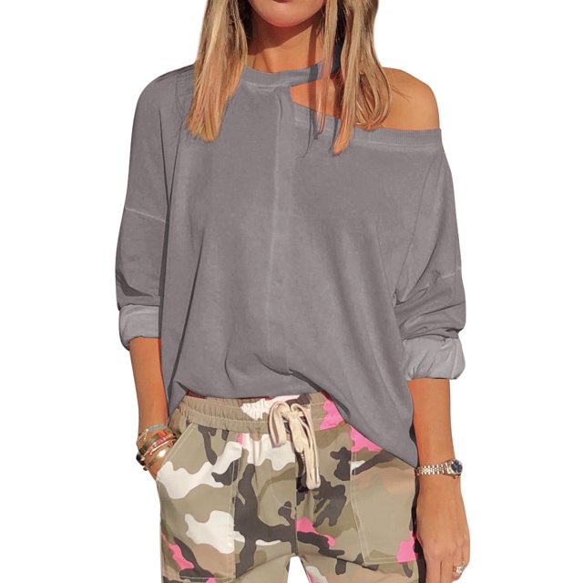 Women Cold Shoulder Crew Neck Long Sleeve Cut Out Pullover Shirt