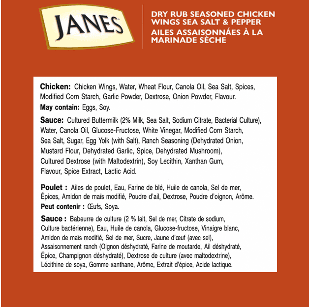 Ailes de poulet ultimes Janes® assaisonnées à la marinade sèche sel de mer et poivre, 754 g, ailes de poulet congelées. Contient : Viande blanche. Janes® Ultimates Ailes de poulet assaisonnées à sec au sel de mer et au poivre
