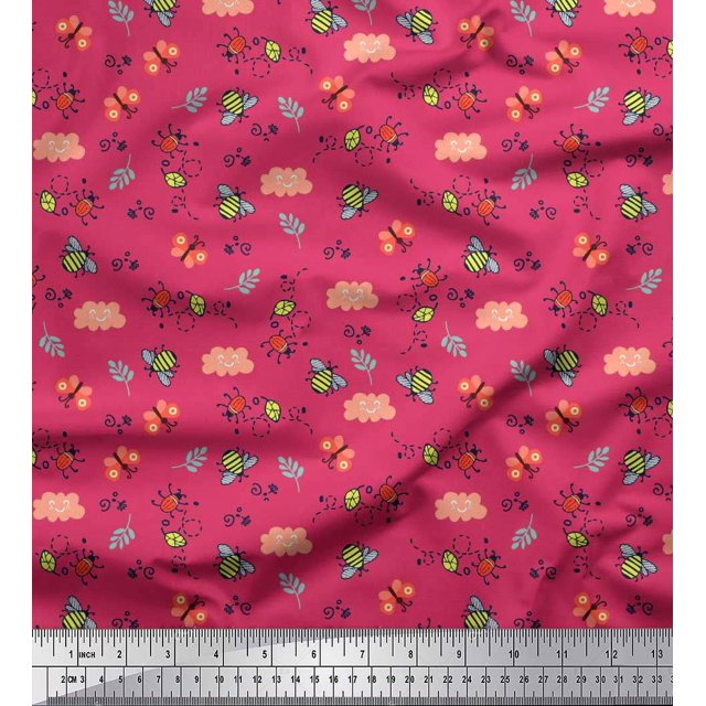 Soimoi Pink polyester Crepe Fabric Honey Bee & Bettle Bee Insects Fabric Prints by Yard 42 Inch Wide