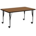 thumbnail image 1 of Mobile 30''W x 72''L Rectangular Oak Thermal Laminate Activity Table - Height Adjustable Short Legs, 1 of 3