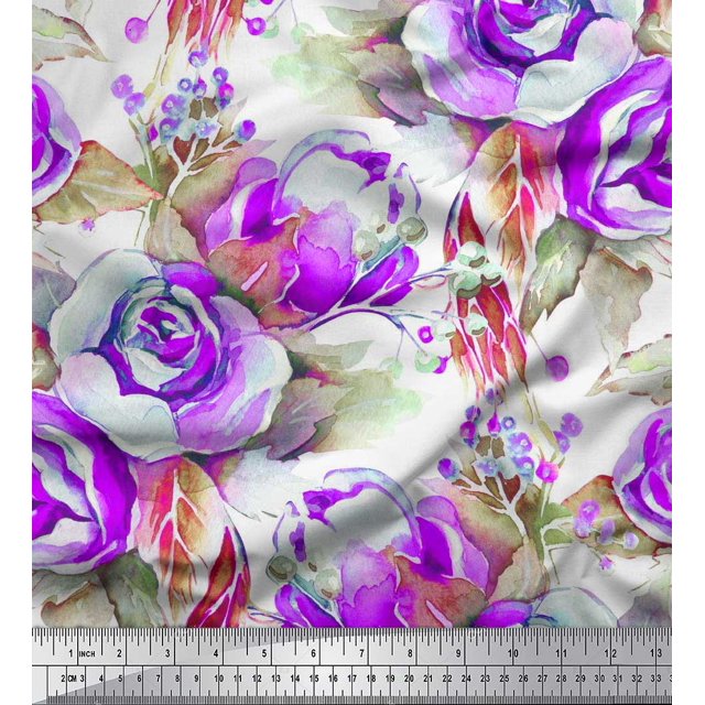 Soimoi Moss Tissu Georgette Feuilles & Fleurs Roses Tissu de Couture Yard 42 Pouces de Large