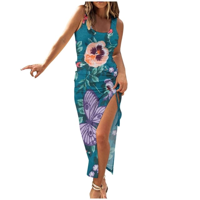 Summer Dresses for Women Trendy Sleeveless High Waist Boho Ribbed Drawstring Sundress Ruched Sexy High Slit Maxi Dress