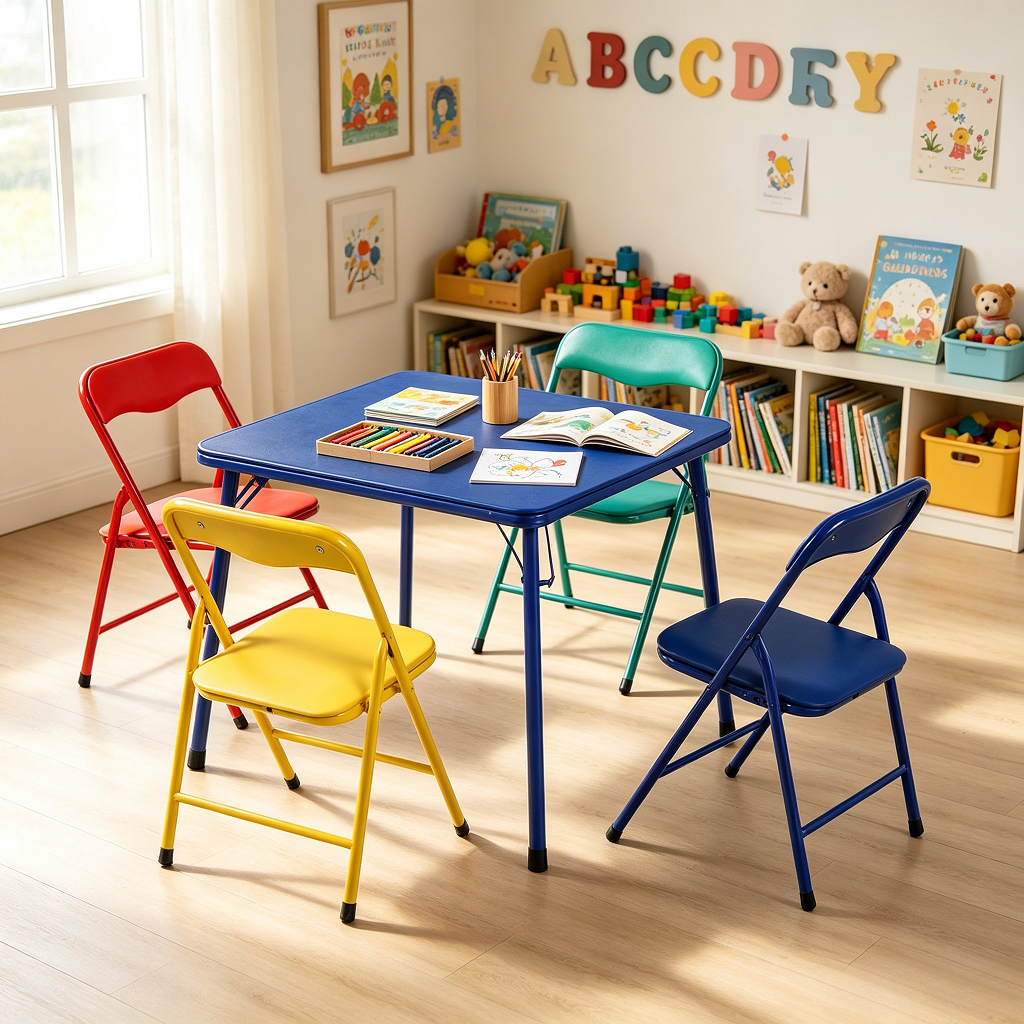 Homy Casa 5-Piece Preschool Activity Table Set, Foldable 24-Inch Kids Table with 4 Colourful Steel Frame Chairs