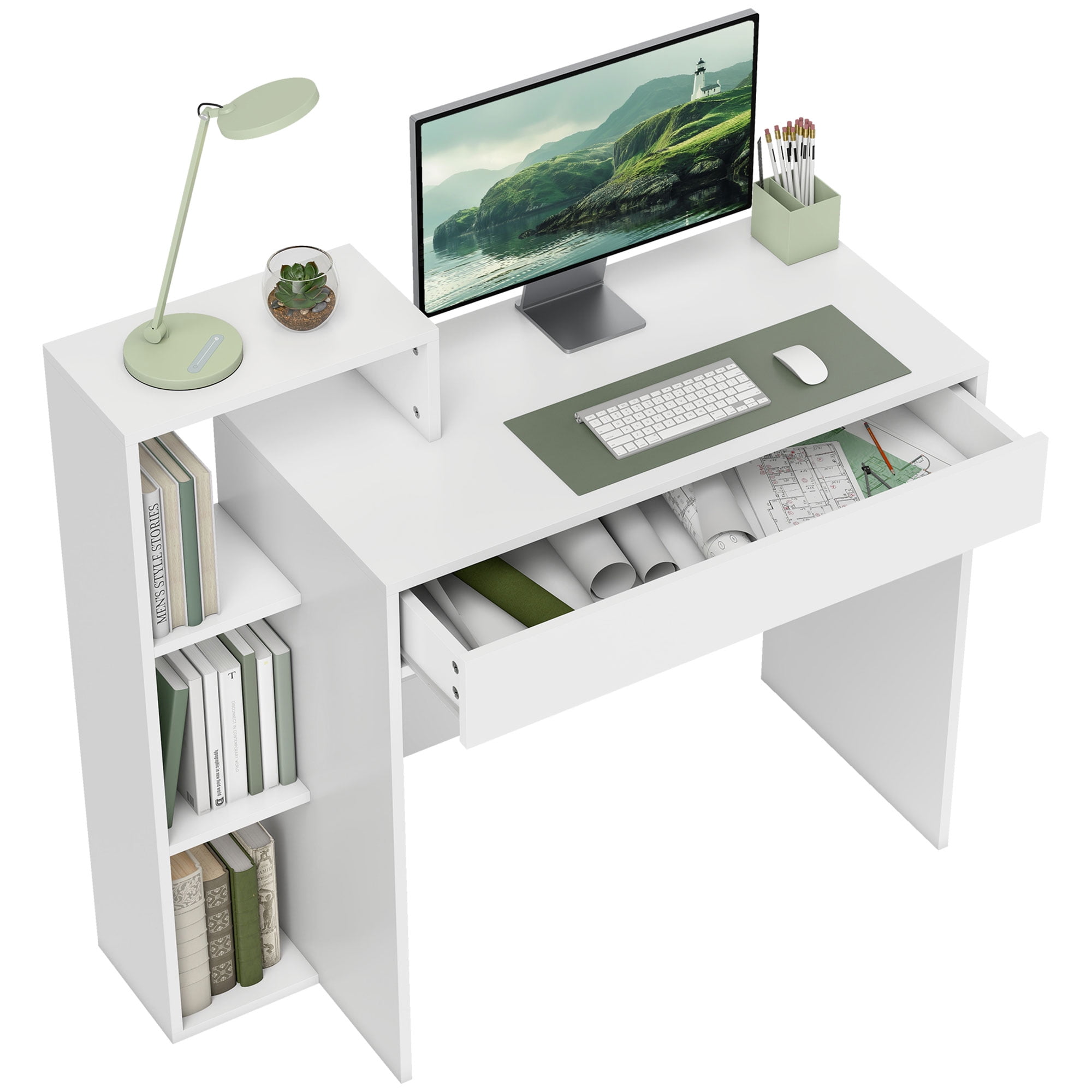 HOMCOM Desk with Storage, Computer Desk with 3 Open Shelves, White