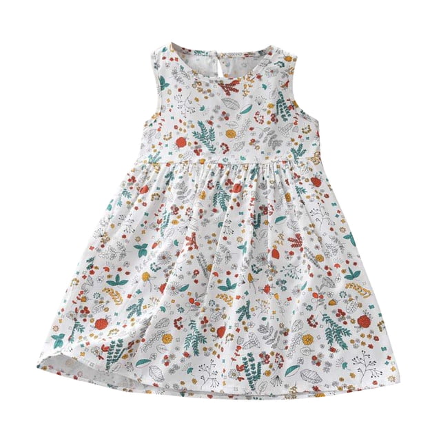 LUOGENLI Robe Été Filles Robe Décontractée Princesse Robes Sans Manches Imprimé Floral Enfants Coton Robe de Plage Robe pour Filles Tendance Été Longueur Genou Blanc 3-4 Ans