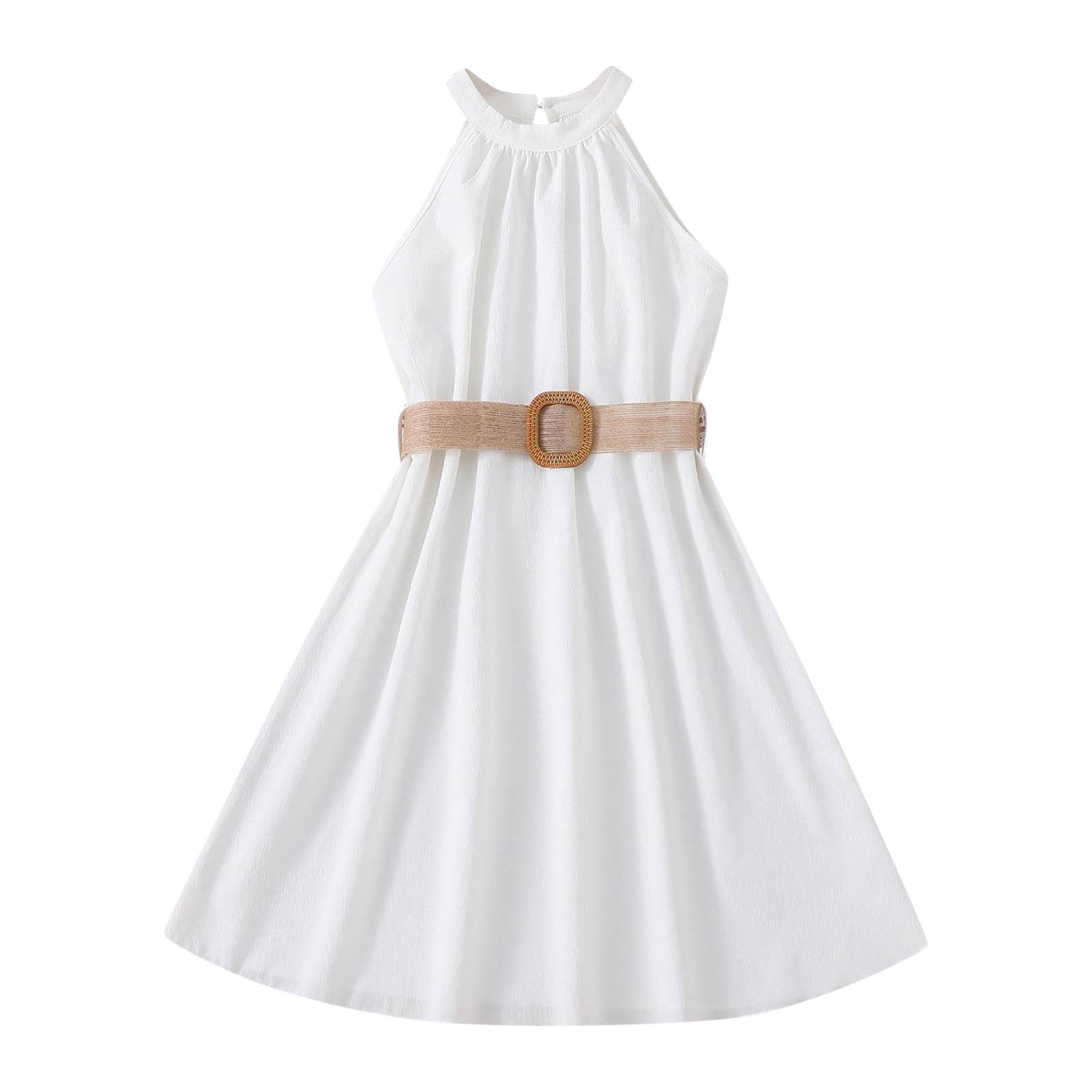 YOUSNH Robe pour Enfants Couleur Unie Col Suspendu Taille Collection Robe Robe de Princesse Mode Vêtements d'Extérieur Robes pour Filles Blanc 7-8 Ans