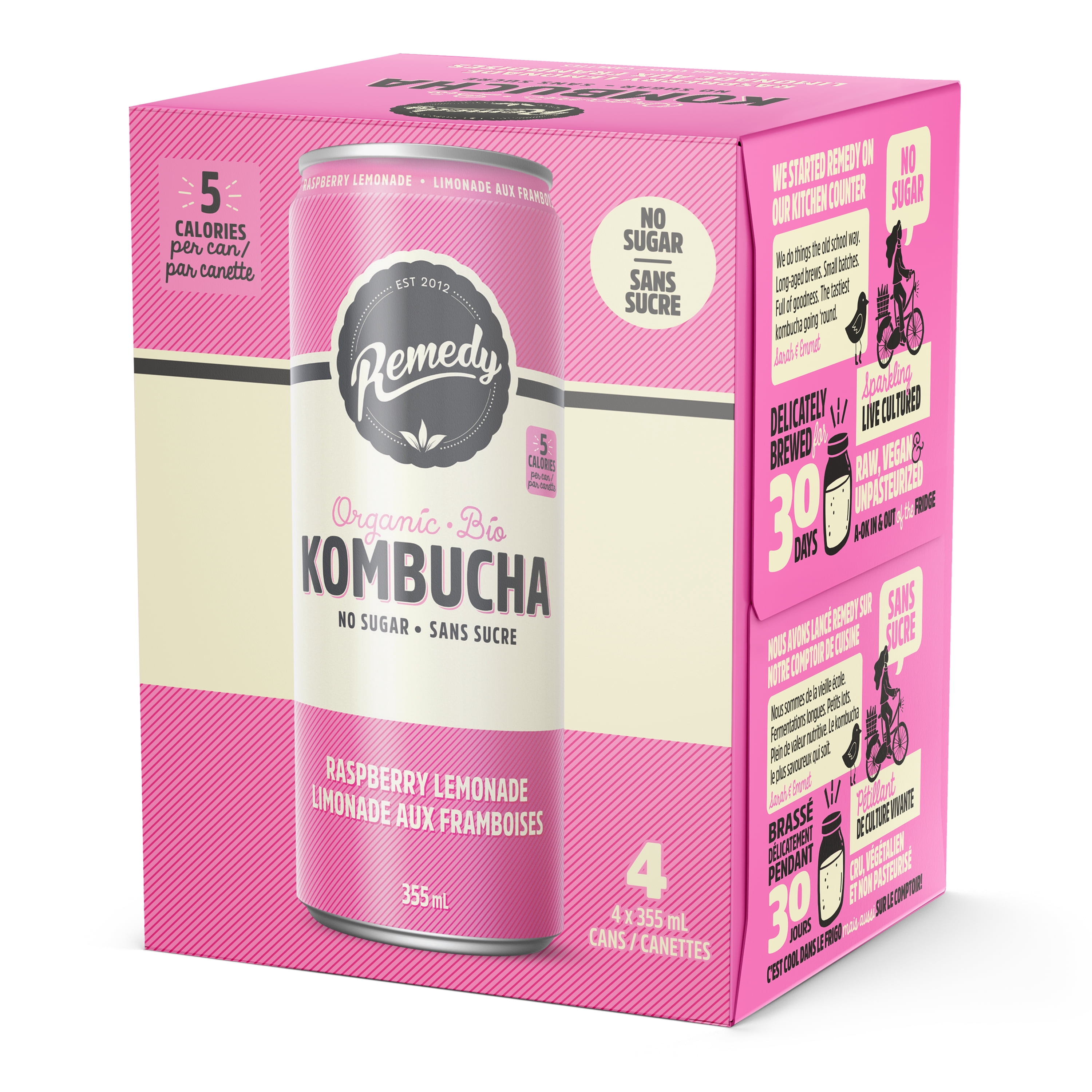 Remedy Organic Kombucha No Sugar Raspberry Lemonade 4x355ml