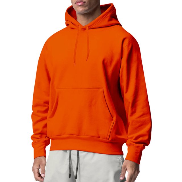 Innerwin Sweatshirts Drawstring Men's Hoodies Fall Solid Color Thick Hooded Sweatshirt in orange, size XL. A men's pullover hoodie with kangaroo pocket, long sleeves, and drawstring hood. Made from 65% polyester and 35% cotton for warmth and comfort, ideal for autumn and winter casual wear.