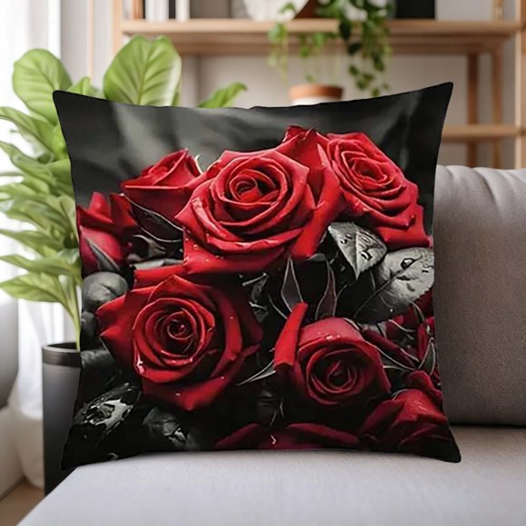 Black Velvet Rose Pillow Cover | 45x45cm Sofa Cushion & Car Pillowcase | Soft Washable Decorative Pillow Case for Home Decor & Gift Giving