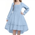 thumbnail image 1 of JGGSPWM Robe Midi Évasée pour Filles d'Automne à Volants, Encolure Carrée, Manches Longues Bouffantes, Poignets Smockés Élastiques, pour 4-14 Ans, Bleu, 13-14 Ans, 1 of 2