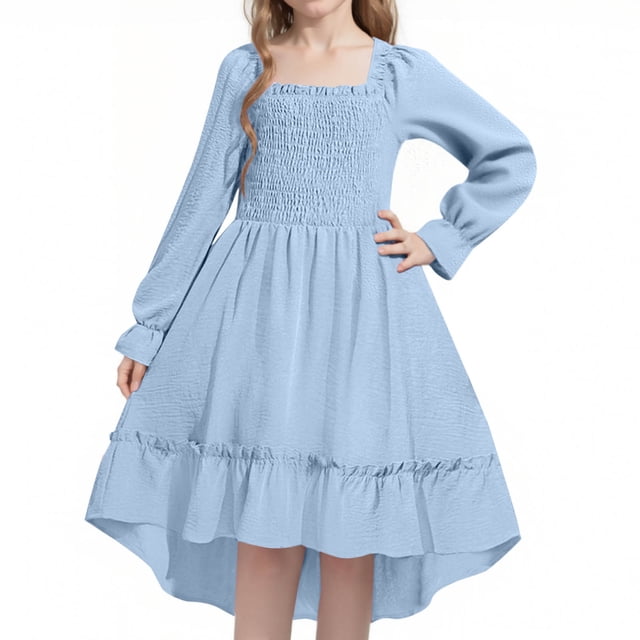 JGGSPWM Robe Midi Évasée pour Filles d'Automne à Volants, Encolure Carrée, Manches Longues Bouffantes, Poignets Smockés Élastiques, pour 4-14 Ans, Bleu, 13-14 Ans
