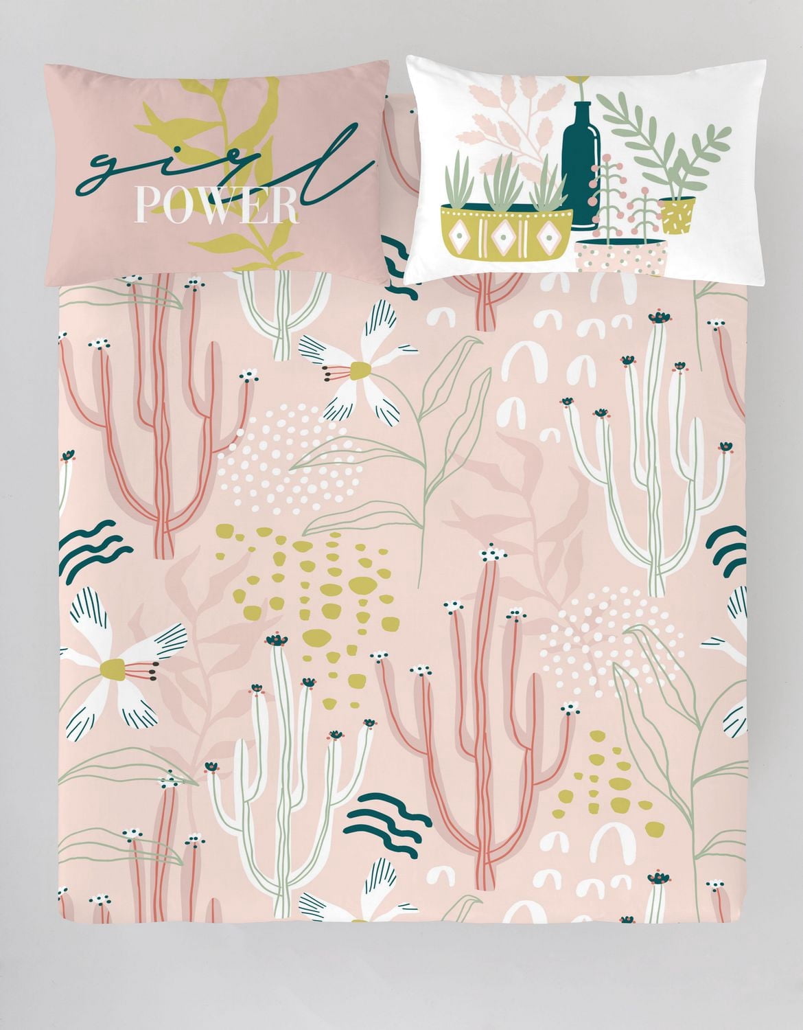 Ensemble de housse de couette Naive 3 pièces de Gouchee Home – Imprimé floral cactus, literie réversible en coton rose