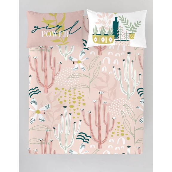 Gouchee Home Naive King 3-Piece Duvet Cover Set – Cactus Floral Print, Reversible Pink Cotton Bedding