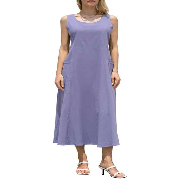 Robe Débardeur Décontractée en Coton et Lin pour Femmes avec Poches Maxi, Couleur Unie, Robe Bohème