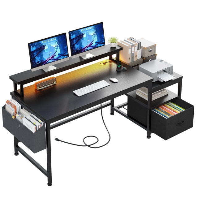 Exenoray 56.5" Computer Desk with Fabric File Drawers Cabinet, Reversible Home Office Desks with Power Outlets for Home Office, Black