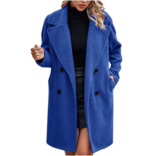 AherBiu Veste en Tweed Femme Tendance Chic Décontractée à Revers Boutonnée Longues Vestes à Double Boutonnage Manteau Longueur Genou