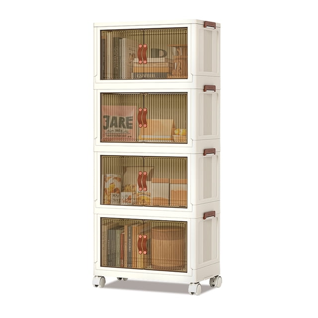 4 Tier Stackable Storage Shelf, Extra Large Collapsible Closet Organizer Transparent Storage Boxes with Wheels for Home, Kitchen, Bedroom, Closet