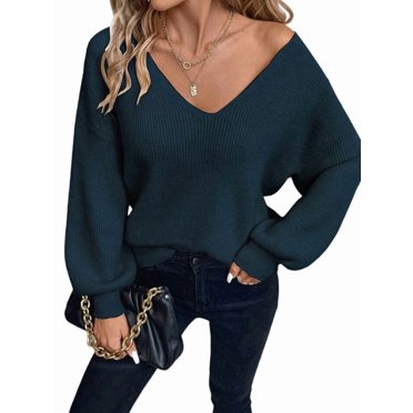 Haut de Chandail pour Femmes à Épaules Dénudées, Col en V, Ajusté, Manches Longues, Chemise, Dos à Nouer, Chandail Bleu Royal G