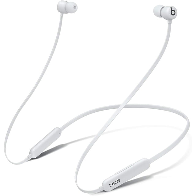 Beats Flex Wireless Earphones in gray featuring a Flex-Form cable for all-day comfort and magnetic earbuds with auto-play/pause functionality. Includes four eartip options for a personalized fit. Powered by the Apple W1 headphone chip for seamless connectivity with Apple devices and Class 1 Bluetooth for extended range and fewer dropouts. Offers up to 12 hours of listening time with fast fuel charging providing 1.5 hours of playback in 10 minutes. Built-in microphone with wind reduction for clear calls and on-device controls for music, calls, and voice assistant. Comes with a USB-C to USB-C charging cable, eartips in four sizes, a quick start guide, and a warranty card.