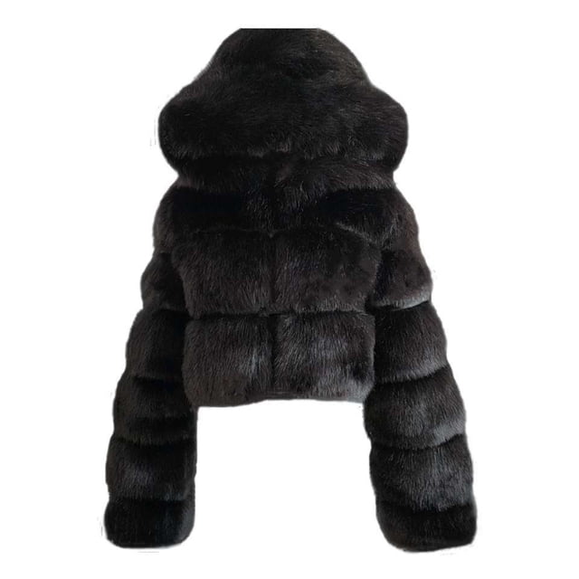 Veste à Manches Longues pour Femmes Courte à Capuche en Fausse Fourrure Chaude à Manches Longues
