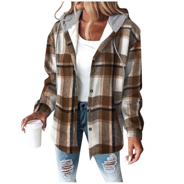 aohooy Chemises à Carreaux à Capuche pour Femme à Boutons Manches Longues Surchemise en Flanelle Veste Chandail à Capuchon Doublé en Molleton Blouse Haut Décontracté Tendance 2025 Brun, TG