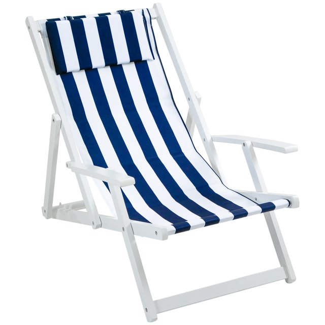 Outsunny Chaise Longue Pliante d'Extérieur - Ensemble de 1, Rayures Bleues et Blanches