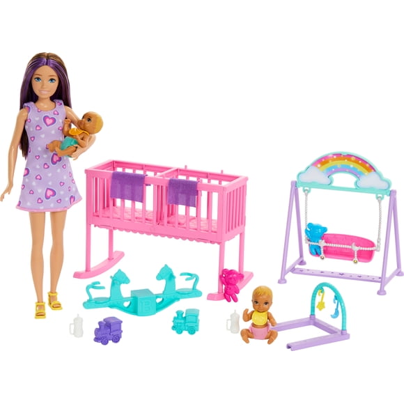 Barbie Skipper Babysitter Doll with Twin Nursery Playset with Crib, Swing, See-Saw & Accessories