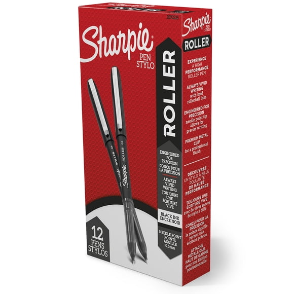Stylo à bille roulante Sharpie, stylo de précision à pointe d’aiguille (0,5 mm), encre noire, 12 unités