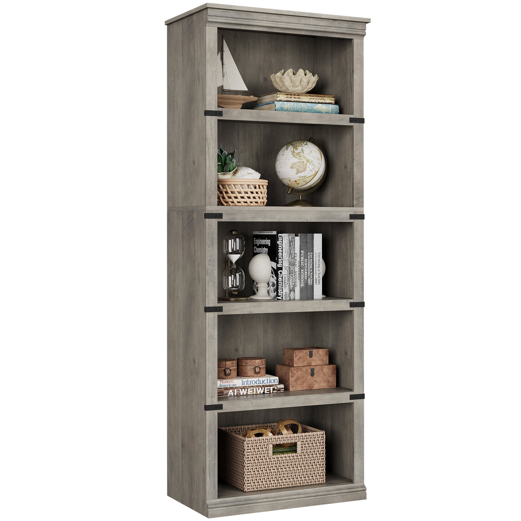 2025 New 5 Tier Bookcase, Farmhouse Book Shelf with Storage, 67.4 Inch Tall Open Display Bookshelves, Wooden 5 Shelf Bookcase for Living Room, Bedroom