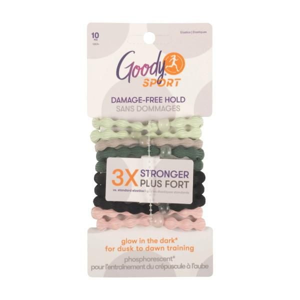 Goody Sport Glow 10CT elastic hair ties with wavy texture in pastel green, beige, dark green, black, and pink, featuring damage-free hold, 3x stronger 16-strand elastic core, and glow-in-the-dark for dusk to dawn training, suitable for active hair styling.
