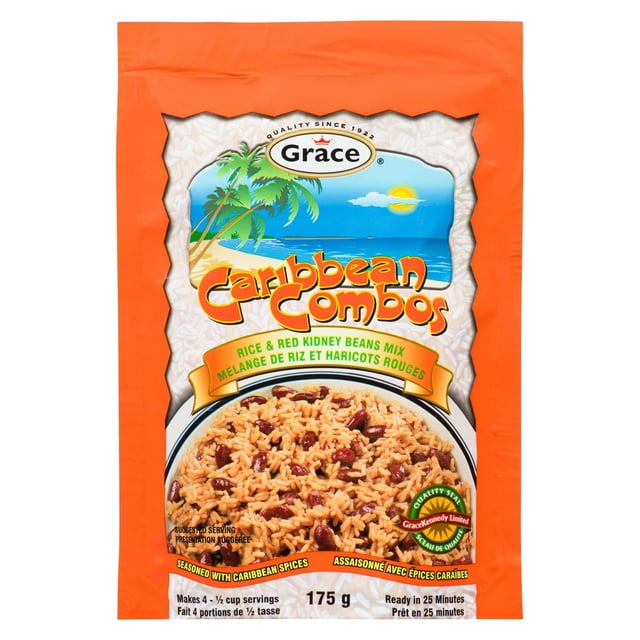 Grace Combinaisons de Riz des Caraïbes et de Haricots Rouges, Sac de 175 g avec Bordure orange Présentant une Scène Tropicale de Plage et une Assiette de Riz Assaisonné et de Haricots Rouges Mélangés avec des Épices des Caraïbes, un Accompagnement Instantané Rapide et Savoureux Prêt en 25 minutes.