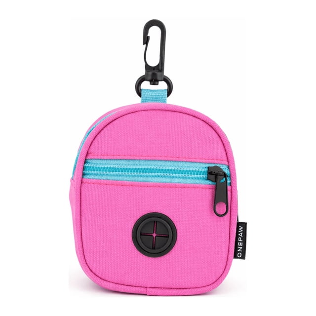 One Paw, Poop Bag Dispenser and Snack Holder for Dogs in pink polyester with light blue zipper and strap, featuring a black clip for leash attachment and a circular front opening for waste bags, ideal for organizing dog walking essentials.