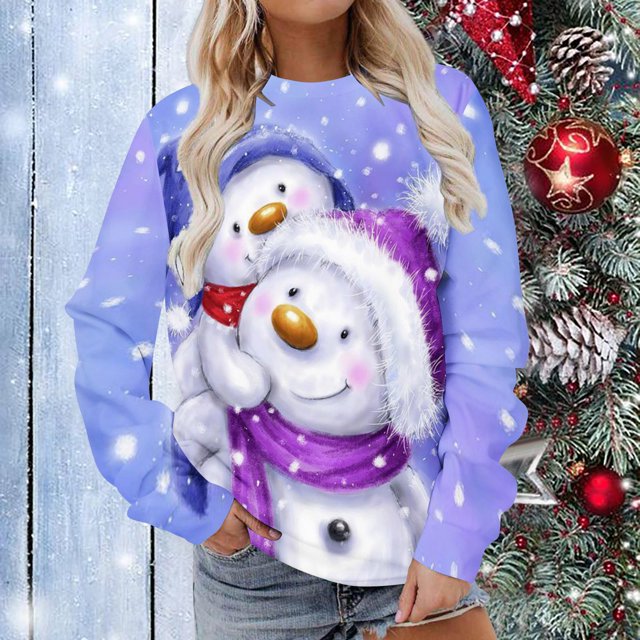 Costumes de Noël en Liquidation Femmes Manches Longues Décontracté Impression de Noël Col Rond Chandail à Enfiler Tunique Hauts Chandail Surdimensionné pour Femmes