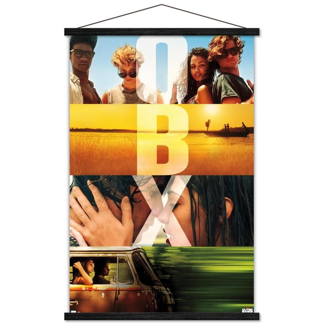 Netflix Outer Banks - OBX Wall Poster, 22.375" x 34" featuring a vertical collage with four horizontal sections: a group of four young adults under a blue sky, a golden sunset over marshland with a boat and figures, a close-up of two people touching foreheads, and a vintage brown van driving past blurred green foliage, with large white letters O, B, X overlaying the images, suitable for decorating bedrooms, dorms, or living spaces.