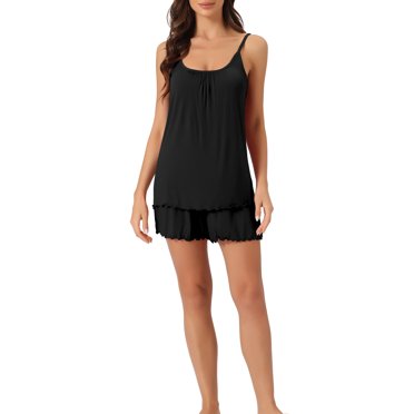 INSPIRE CHIC Women's Loungewear Solid Color Ruffle Trim Camisole Tops with Shorts Pajama Sets M Black